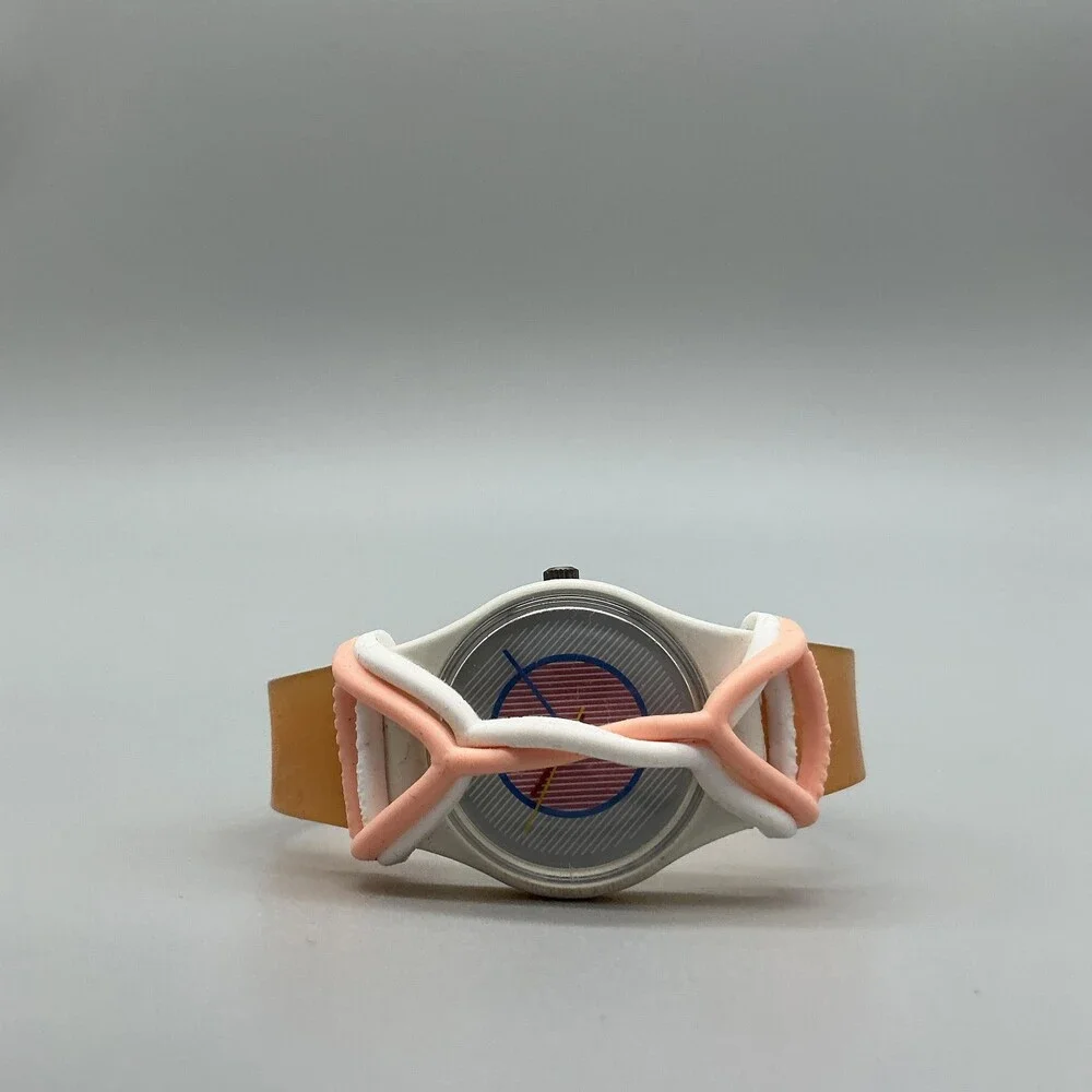 Vtg Swatch Raspberry Womens Watch 25mm White Blue Dial Brown Strap New Battery